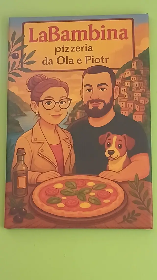 Ola i Piotr z psem na plakacie La Bambiny